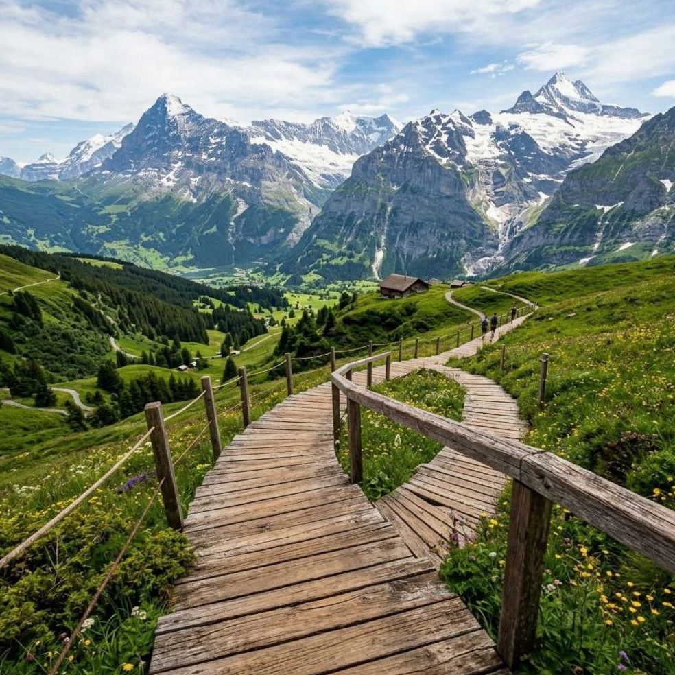 Sentier de randonnée face aux sommets enneigés des Alpes
