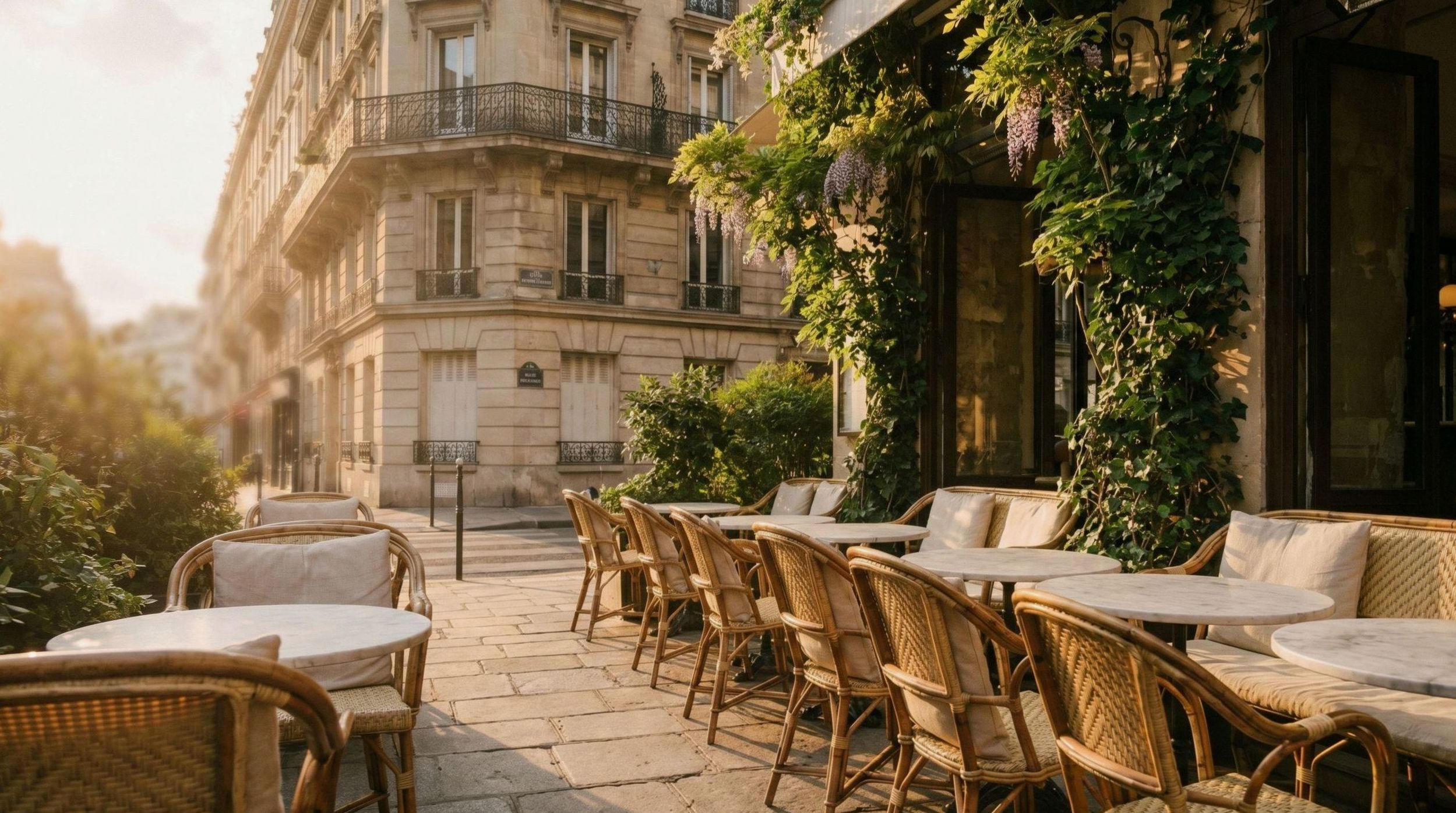 Terrasse d'un café de quartier au soleil du matin