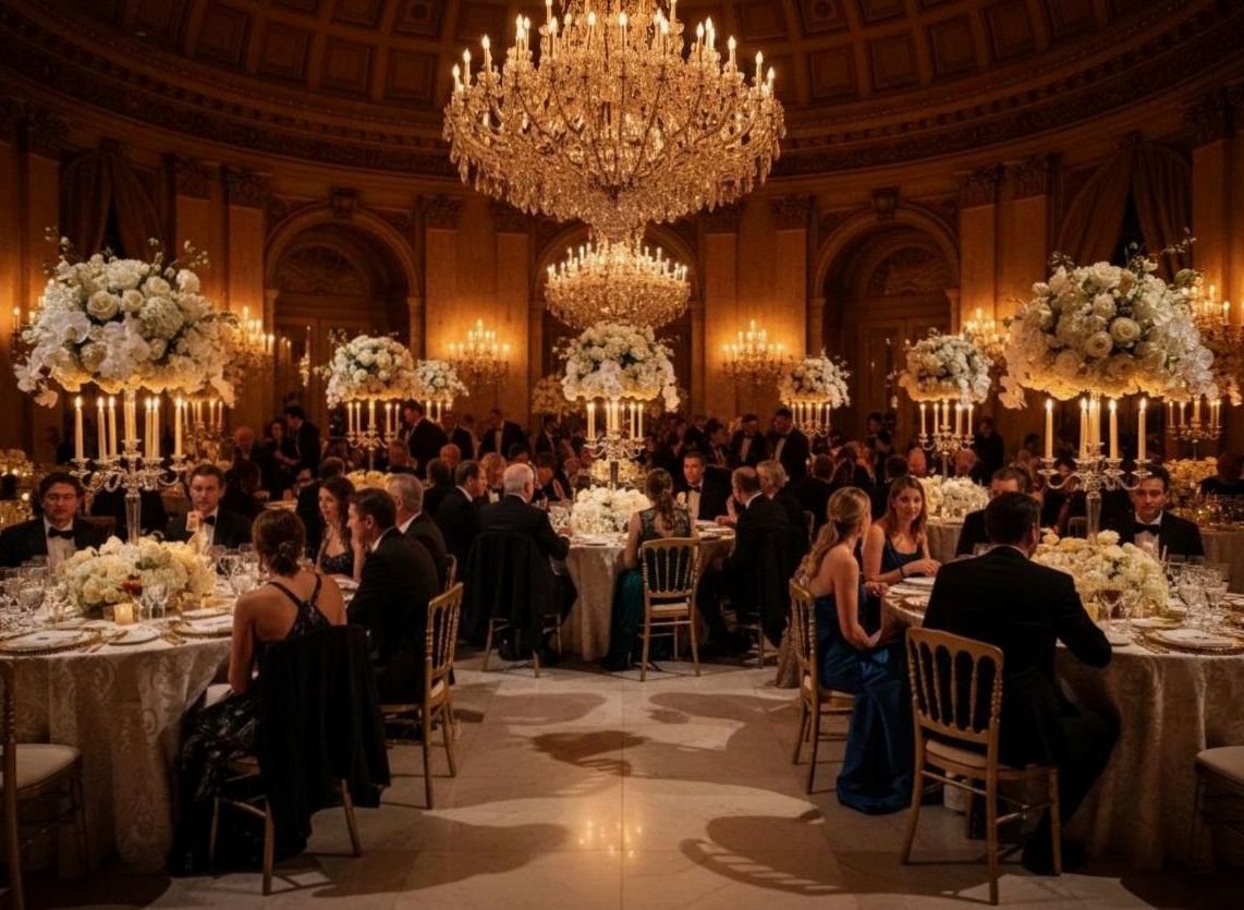 Dîner de gala sous les lustres d'une salle de bal