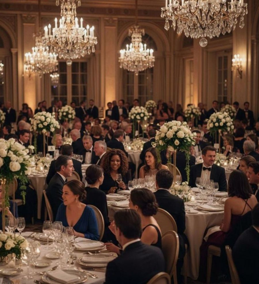Dîner de gala dressé sous les lustres d'une salle de bal