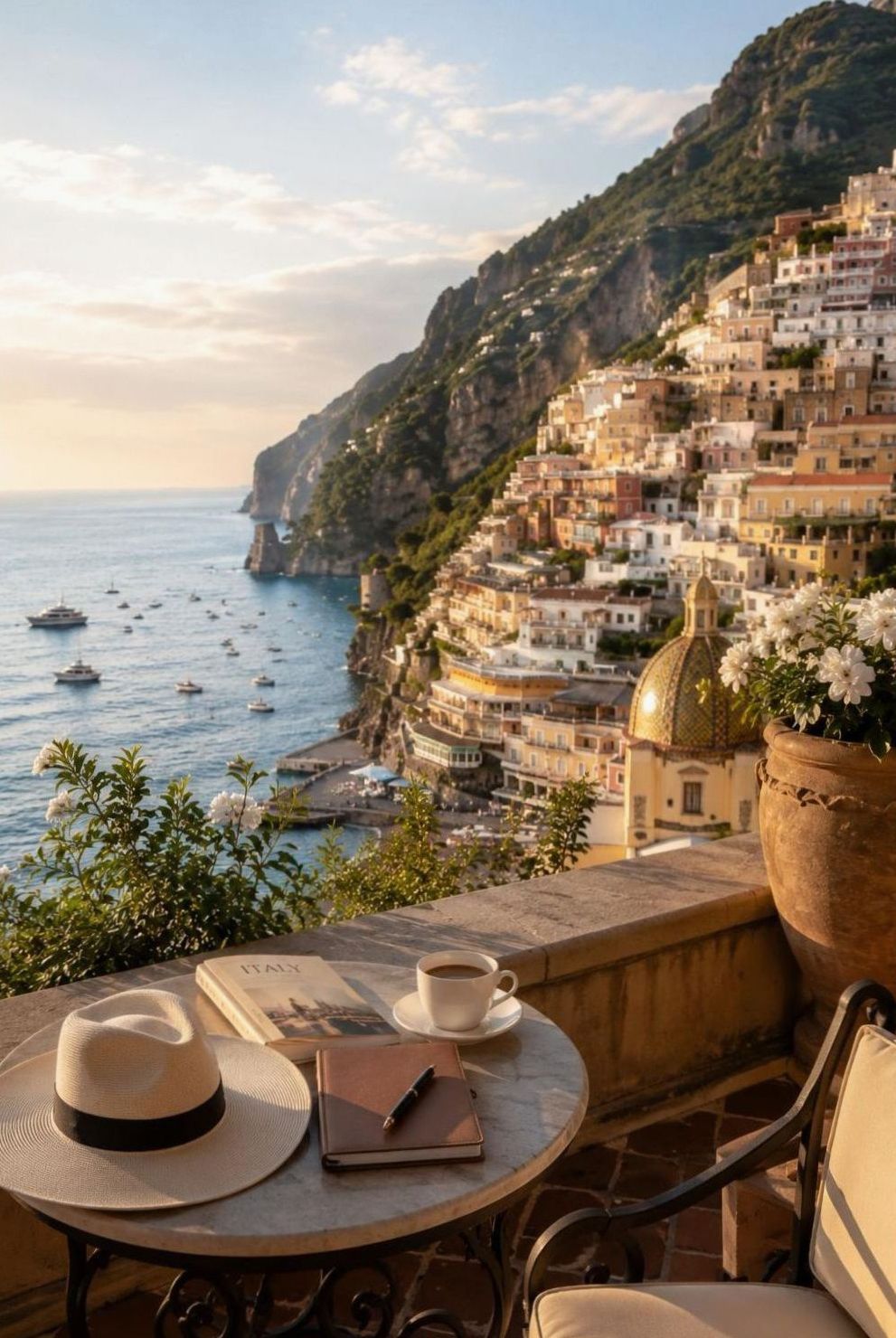 Terrasse avec vue sur les maisons colorées de Positano et la mer