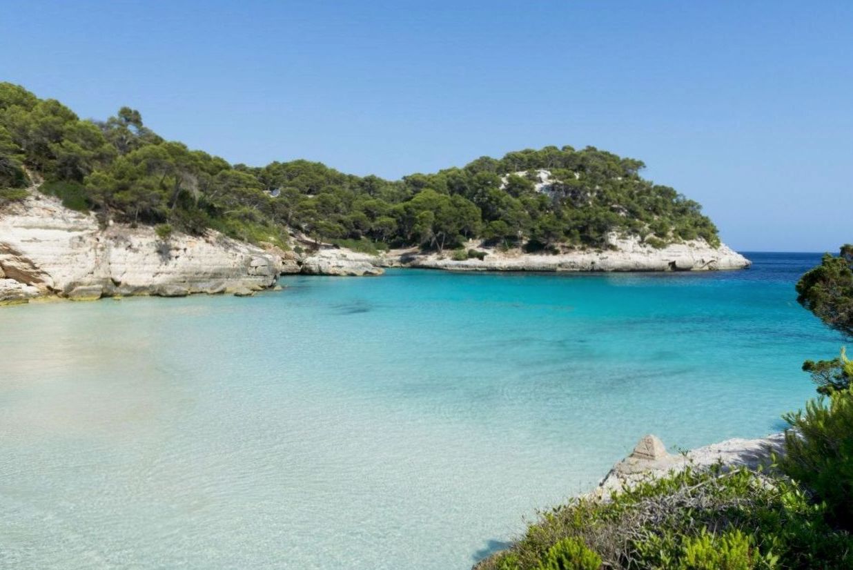 Crique de sable clair aux eaux turquoise entre les pins