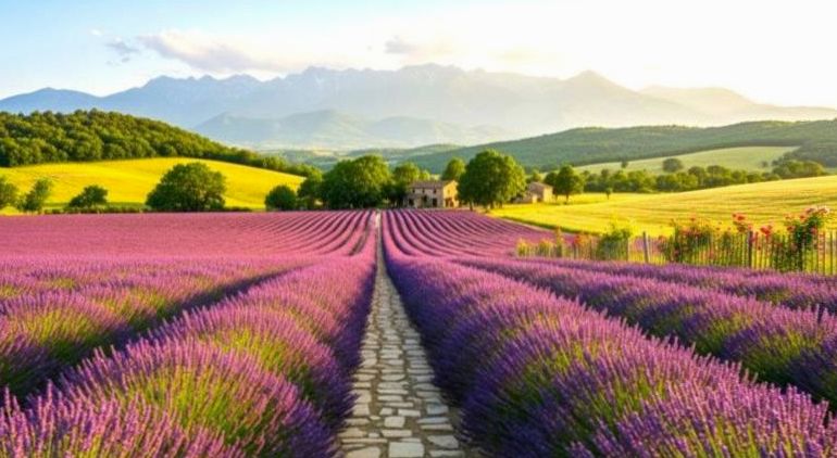 Rangs de lavande en fleur dans la campagne provençale